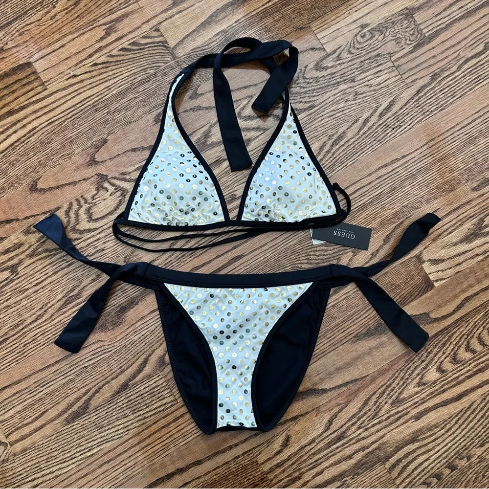 Guess NWT halter bikini white black gold - Picture 1 of 10